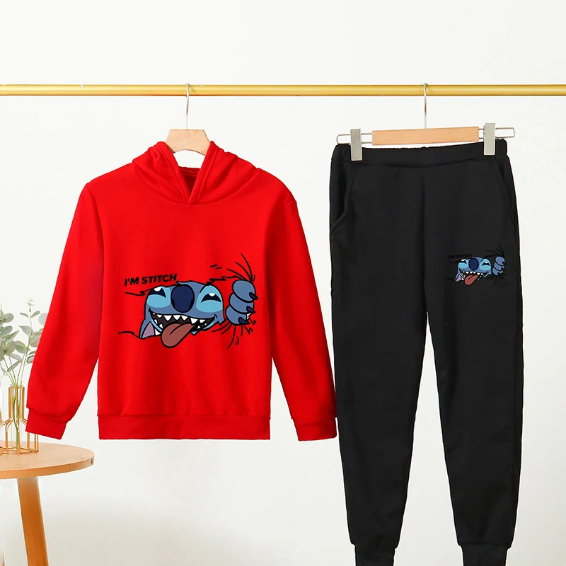 

Kawaii Stitch Hoodie For Girls Casual Long-sleeves Sweatshirt+long Pants Sets for 7-13 Years Kids Autumn 2pcs Set Clothing