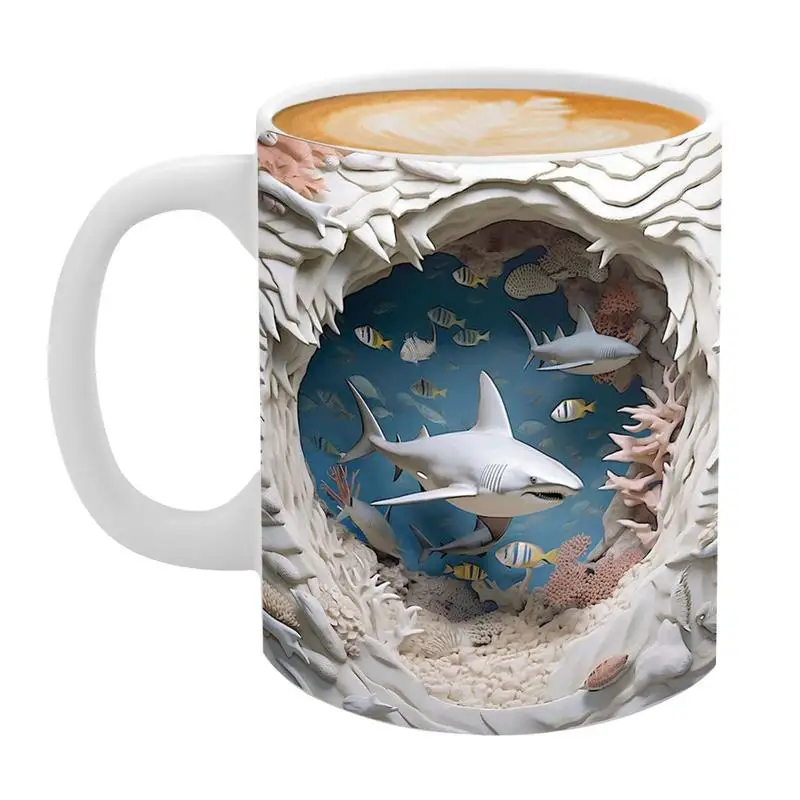 3D Shark Mug With Handle Dishwasher Microwave Safe Novelty Coffee Cup Multi-Purpose Library Shelf Book Lovers Milk Cup gift