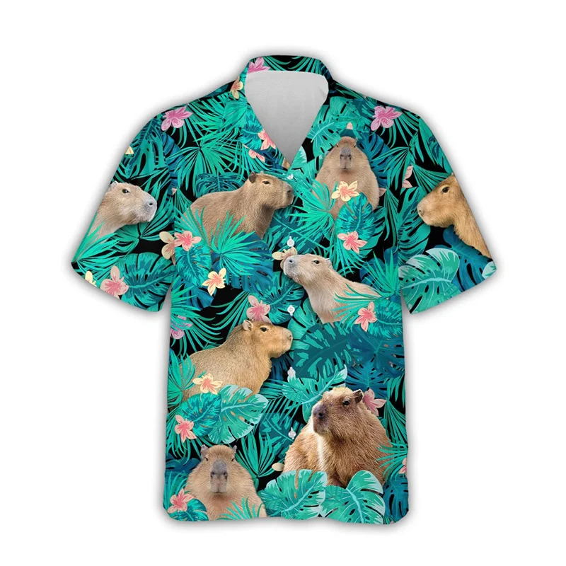 Animal Cute Capybara Graphic Shirts for Men Clothing 3D Printing Hawaiian Beach Shirt Short Sleeve y2k Tops Clothes Lapel Blouse