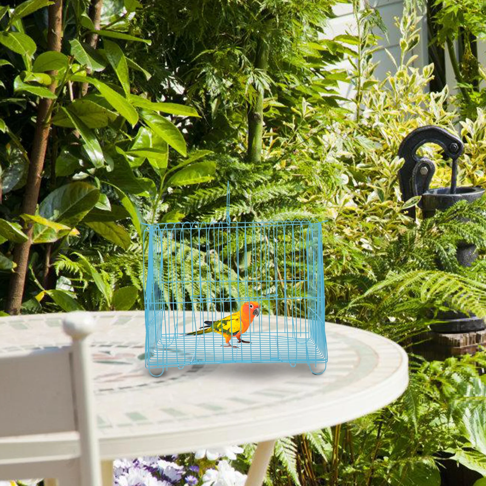 

Portable Bird Cage Blue Semi Circle Medium Size Handheld Pet Parrot Cage for Travel Wire Design Safe Construction