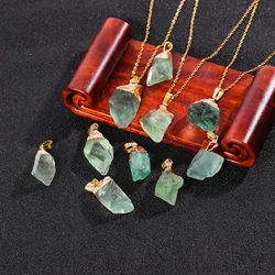 Natural Raw Green Fluorite Pendant Necklace Irregular Shape Rough Crystals Chakra Healing Stones Golden Cap with Alloy Chain