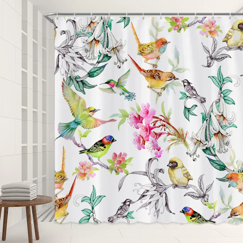 

Bird Flowers Shower Curtain Tropical Pattern with Hawaiian Jungle Style Image, Cloth Fabric Bathroom Decor Set with Hooks