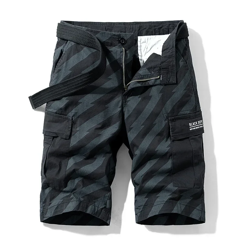 Men's Striped Cargo Shorts Summer Breathable Cotton Tactical Shorts Outdoor Multi Pockets Hiking Military Shorts Male
