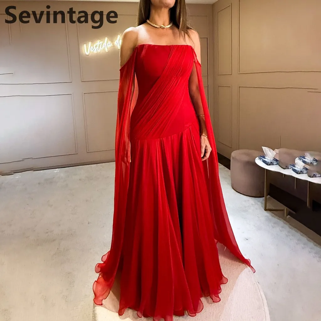 

Sevintage 2025 Красное шифоновое вечернее платье макси A Line с накидкой и рукавами, свадебное вечернее платье для выпускного вечера, вечернее платье в Дубае, Robe de soiree