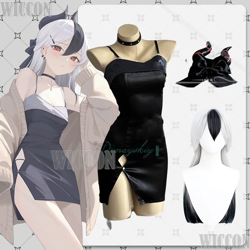 

Синий архив Onikata Kayoko, черное вечернее платье с лямкой на шее, карнавальный костюм, шаль, пальто, парик, женская униформа, Хэллоуин, Comic Con, ролевая игра