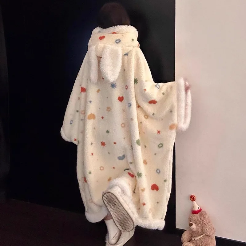 Cartoon-Muster mit süßem Miffy, Kapuzen-Bademantel aus Korallenfleece, Kawaii-Mädchen-Stil, verdicktes und mit Fleece gefüttertes, warmes Kapuzen-Homewear-Set – Detail 5