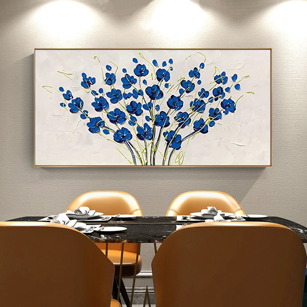 

Mintura Handmade Modern Wall Art,Picture for Living Room,Home Decor Handpainted Thick Texture Blue Fowers Oil Painting on Canvas