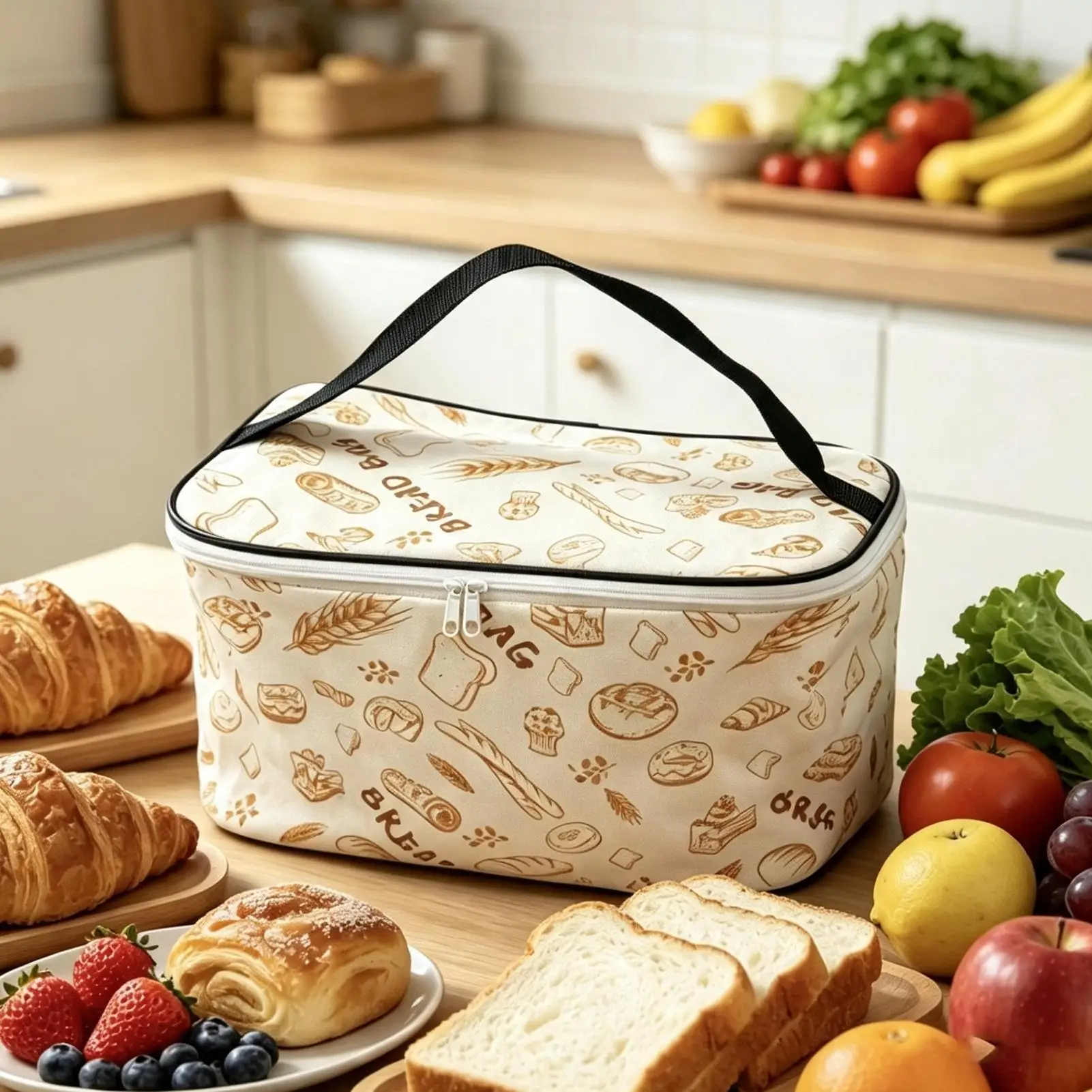 Beeswax Bread Bag Wide Opening Zipper Food Storage with Handle Fresh Food Storage Bag for Home Dormitory Kitchen Hotel Snacks
