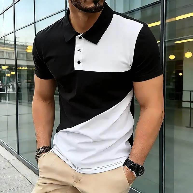 Summer Men's Black White Splicing Polo Shirts Short Sleeve Breathable Casual Contrast Color Lapel Collar Streetwear Basic Tops