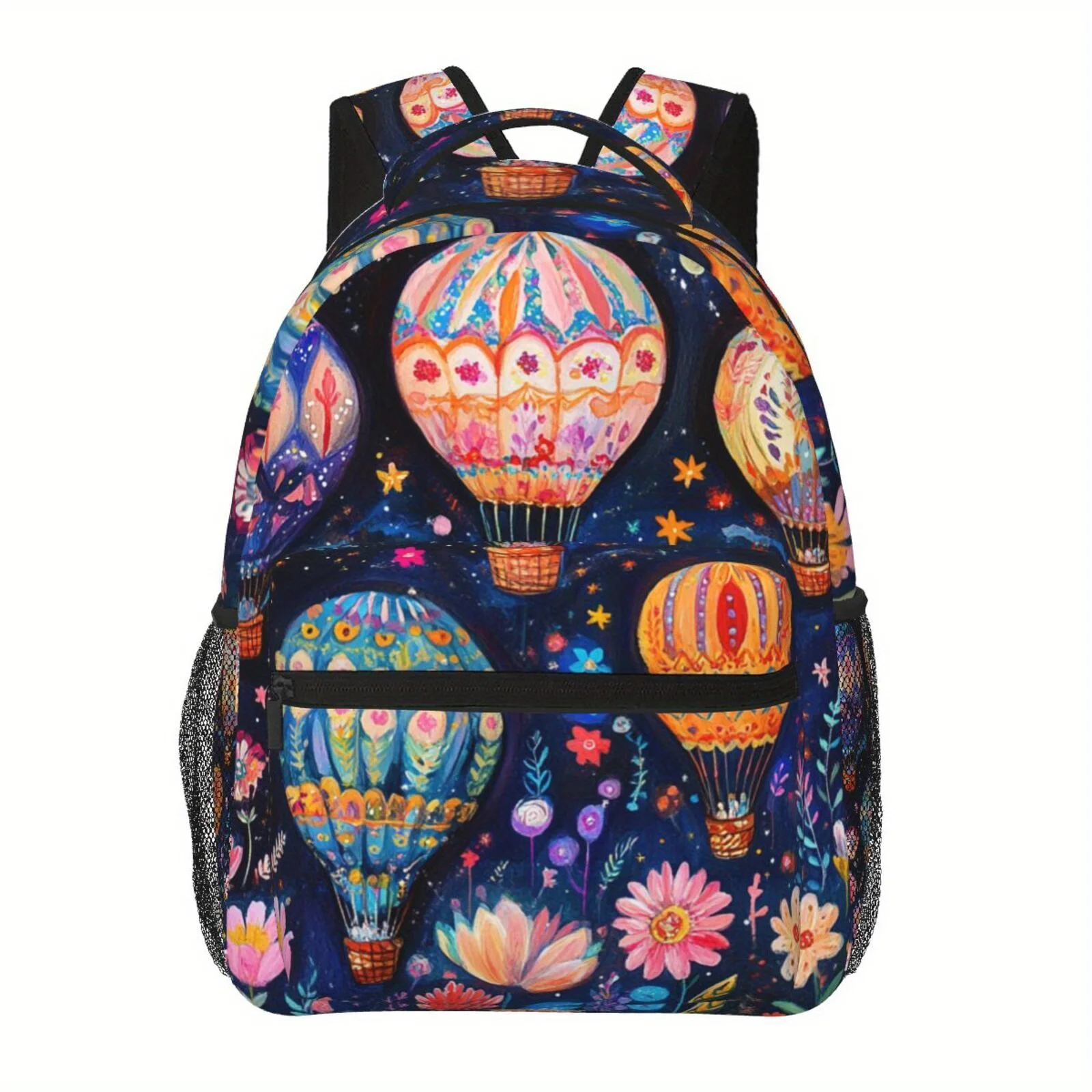 Vibrant Hot Air Balloon Floral Print Backpack Lightweight Adjustable Straps Multiple Compartments Zipper Closure Ideal