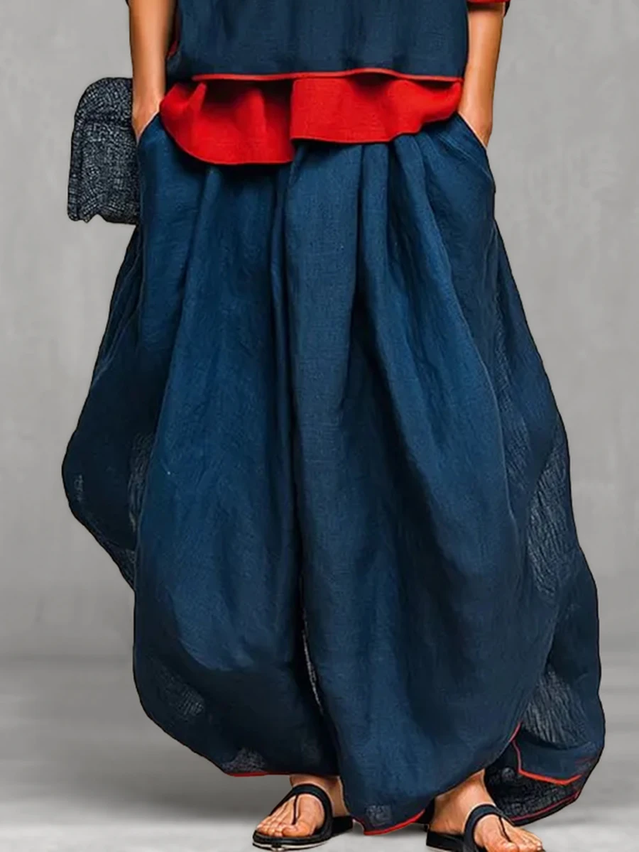 Modigirl Women Navy Blue Contrast Trim Elastic Waist Harem Pants 2026 Stylish Loose Baggy Wide Leg Casual Vintage Trousers