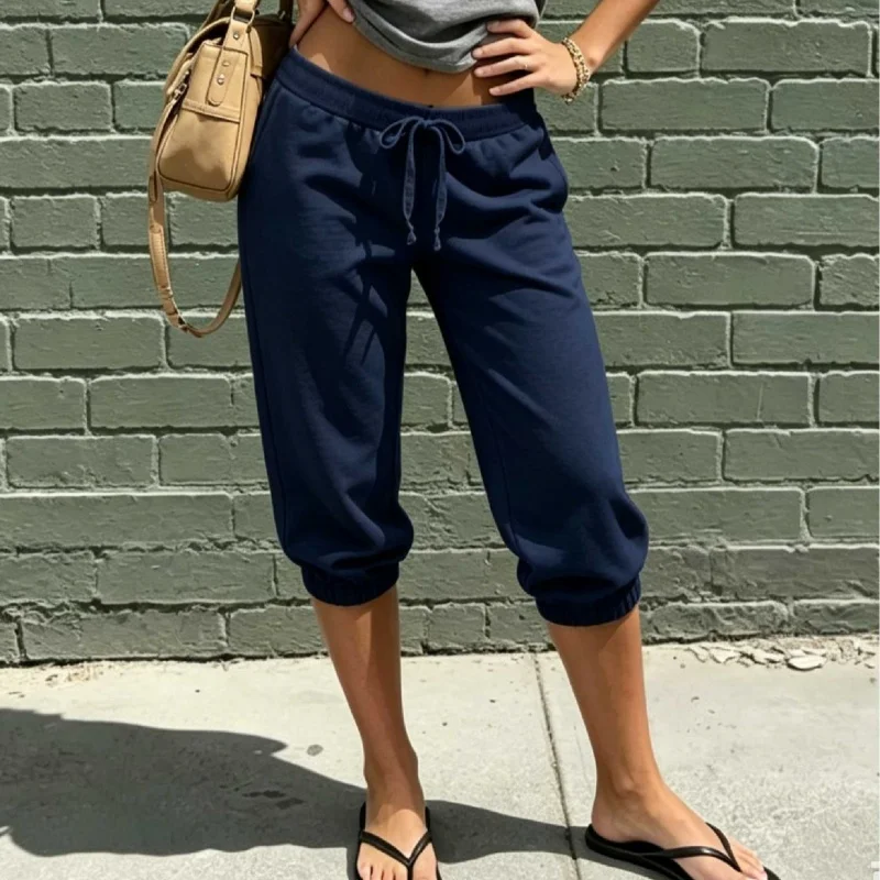 Women Sweatpants Capri Pants Casual Solid Elastic Waist Drawstring Cropped Joggers Long Shorts view 4