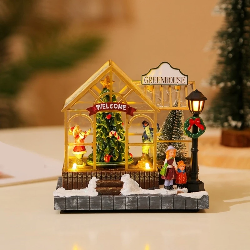 Christmas Musical Light Up Village House Resin Ornament with LED Light Rotating Tree Figurines Holiday Table Decoration