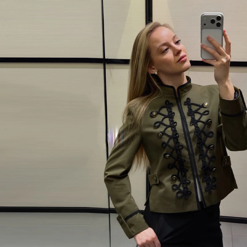 Fashion Green Stand Collar Military Jacket Women Vintage Black Cord Embellished Long Sleeve Coat 2026 Spring New Chic Outwears
