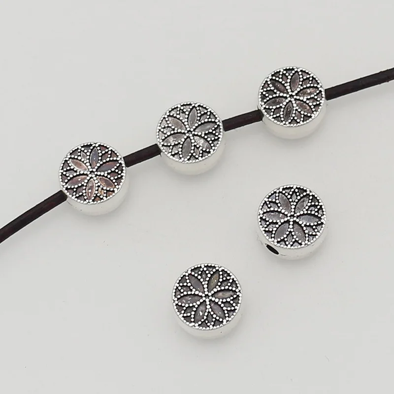 20pcs/Lot Double Sides Flower Flat Round Pie Loose Beads 10mm Manual Bracelets Metal Bead Spacer Charms DIY Jewelry Findings