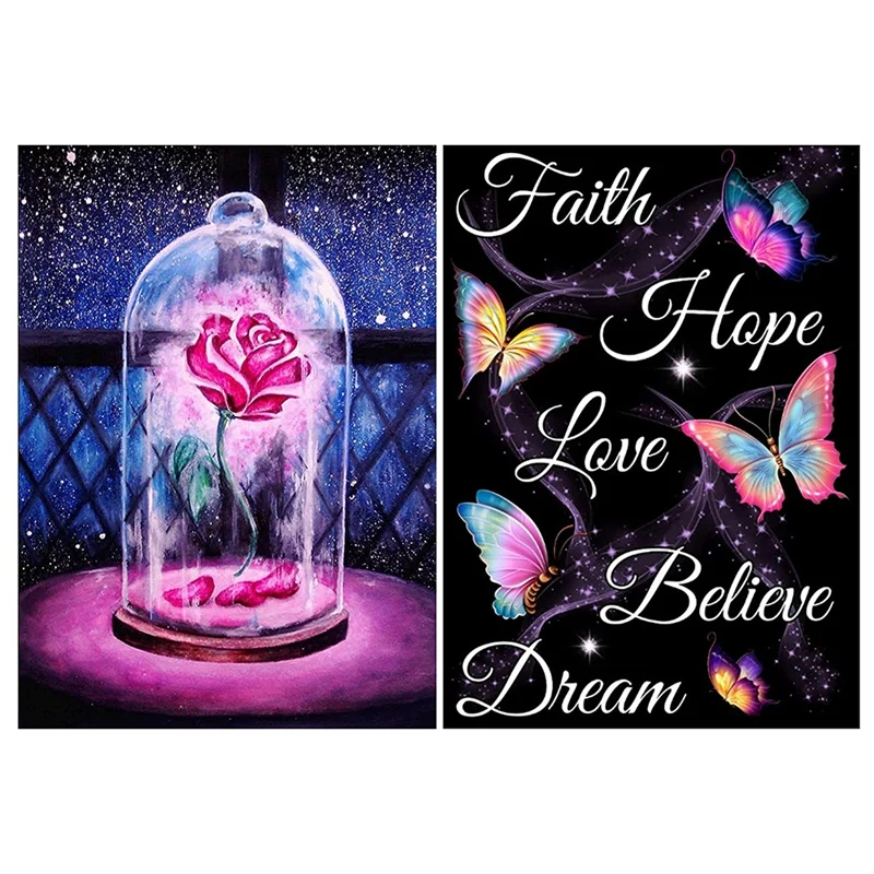 

2 Pack Diamond Painting Diamond Embroidery Round Resin Diamond Cross Stitch Home Wall Decor 30X40cm Butterflies And Rose