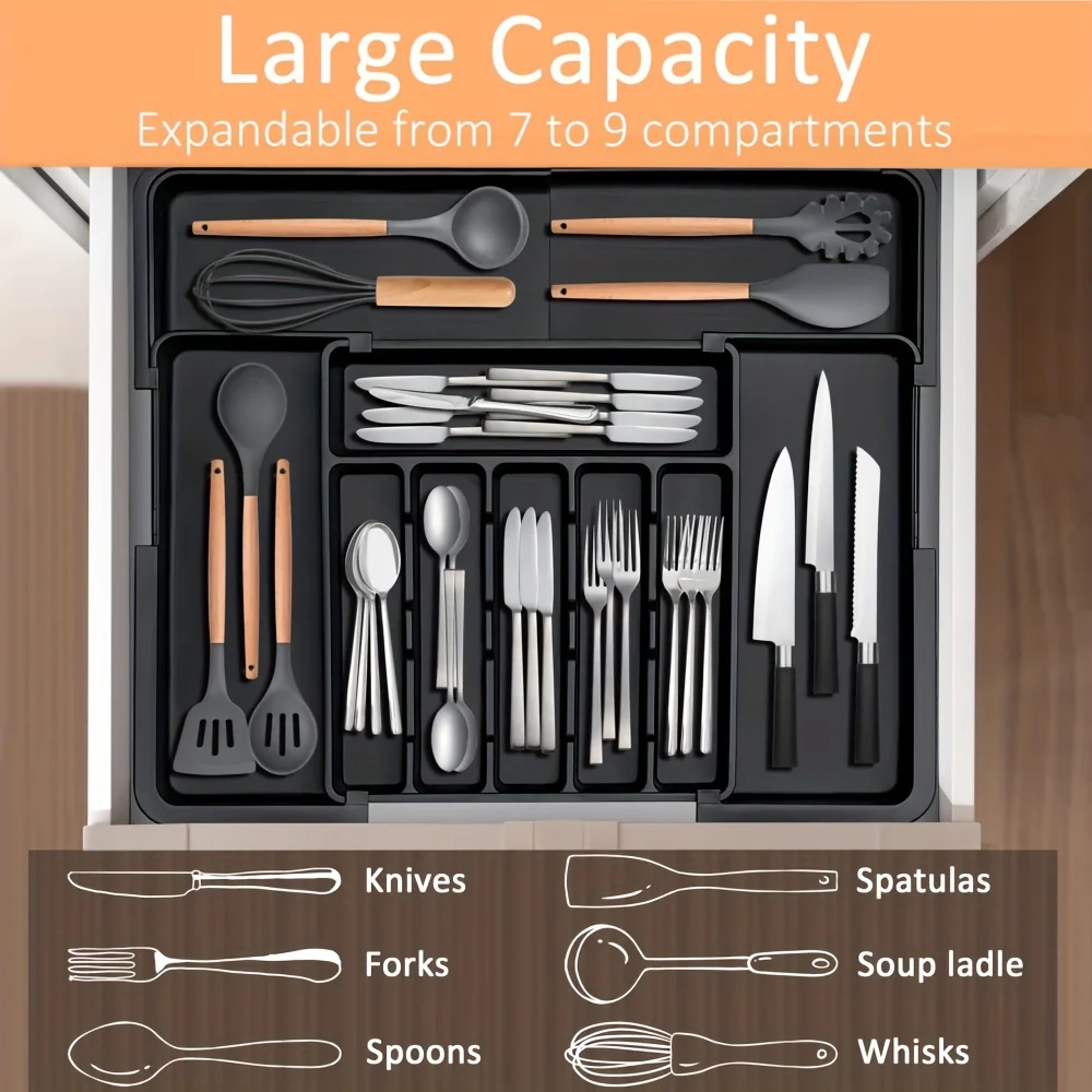 Organizador de Utensílios de Cozinha Expansível Preto com 9 Compartimentos, Caixa de Armazenamento de Talheres de Plástico Grande e Ajustável