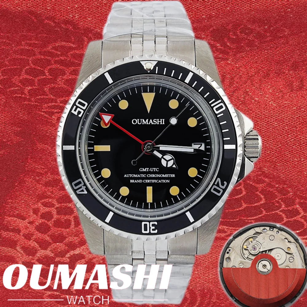 OUMASHI GMT Men's one-way bezel Waterproof Luxury Men's 39.5mm domed glass Mechanical Clock Dive NH34 modify Automatic watch