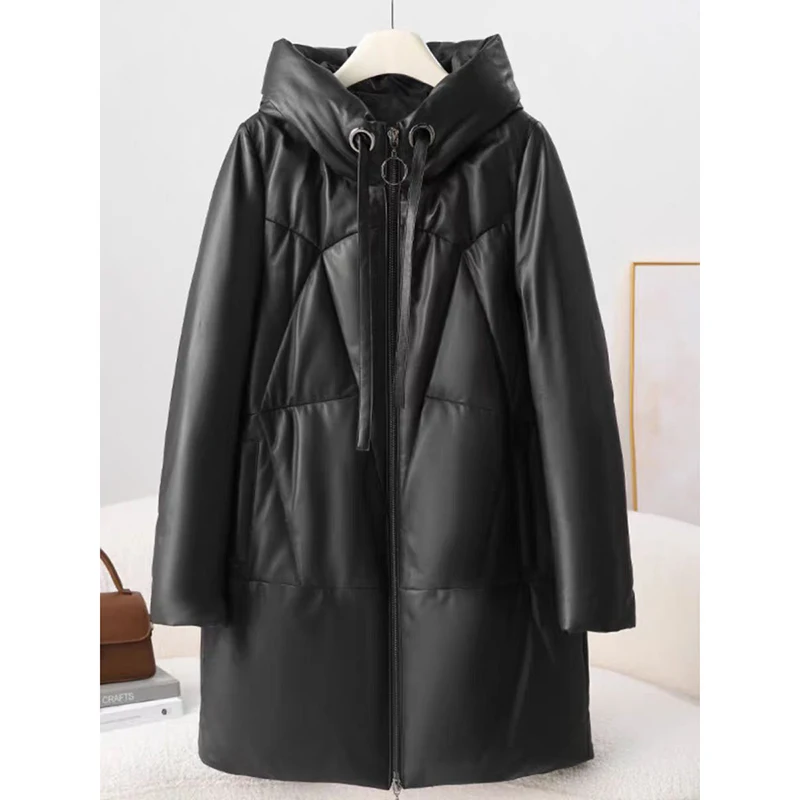 Parka da neve addensato Giacca invernale in pelle PU con cappuccio calda da donna Cappotto lungo allentato nero Capispalla in pelle di cotone di lusso antivento