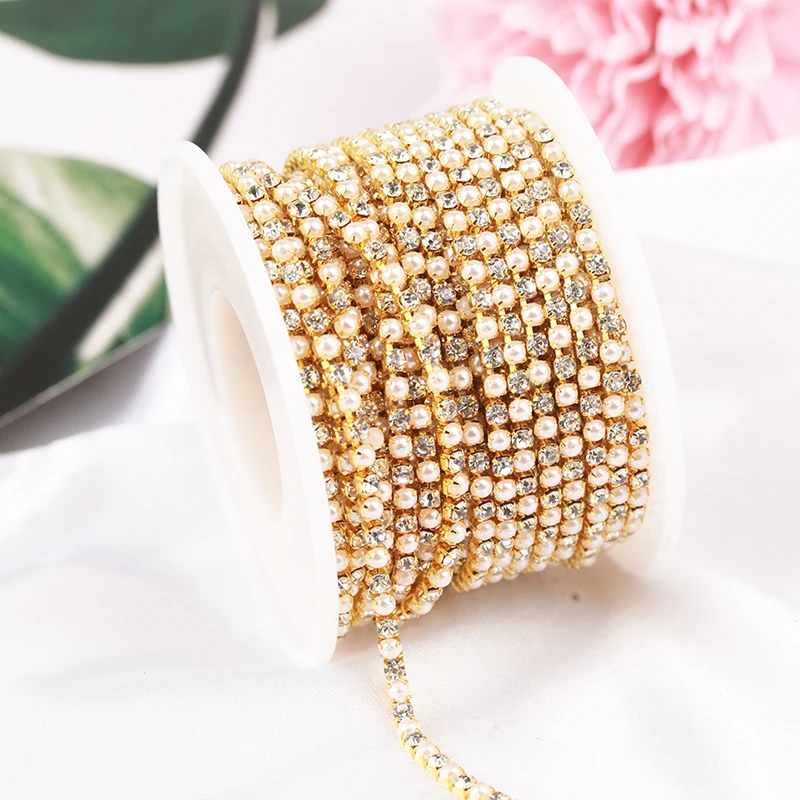 2mm 3mm 10yards Gold Perle Strass Tasse Kette Glas Dense Strass ABS Perle Kette Trim Bekleidung Tasse kette Für Bekleidung
