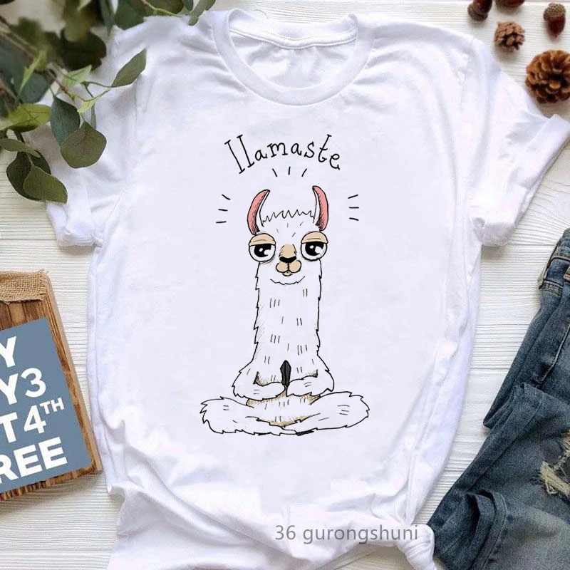 I Lamaste Lama Animal Print T-Shirt Women Clothes 2024 Meditation Tshirt Femme Funny White T Shirt Female Summer Fashion Tops