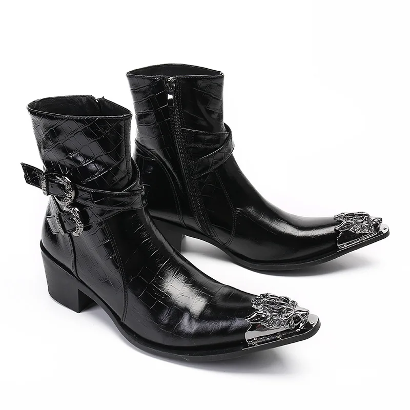 Rock Western Cowboy Men Boots Pointed Metal Tip Black Leather Short Boots Men Punk Motorcycle/Knight Boots for Men!