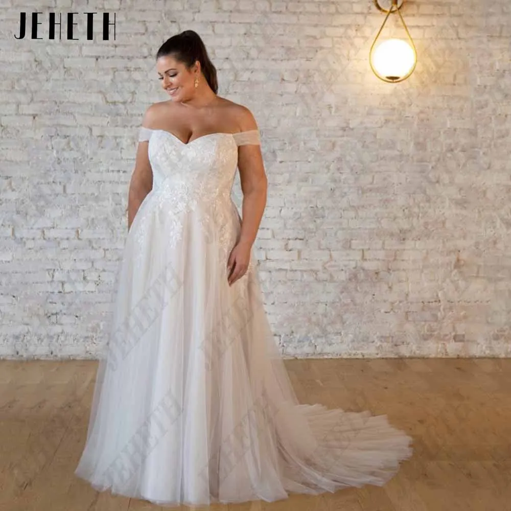 

JEHETH Elegant Off Shoulder Wedding Dresses Plus Size For Woman Sweetheart Lace Applique A-Line Tulle 2023 vestidos de novia