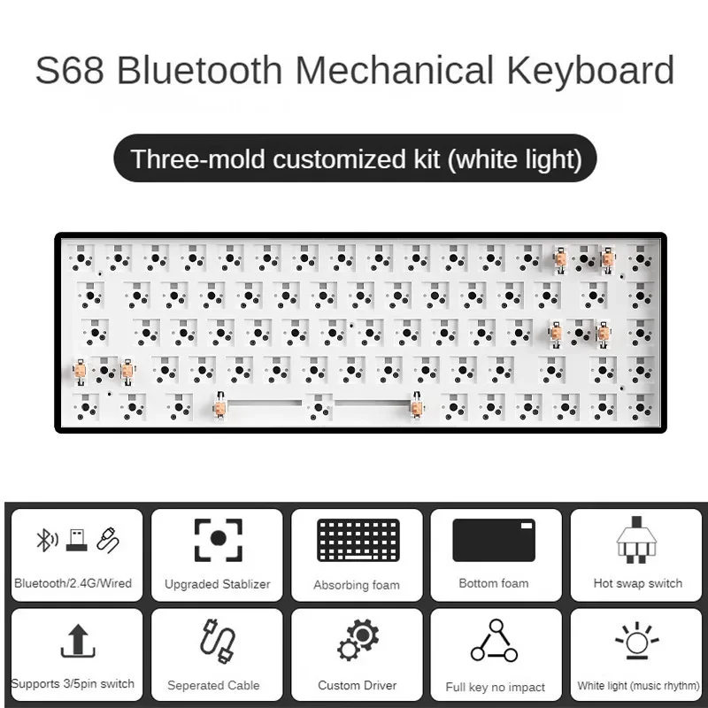 Mathew Tech S68 Three Mode Mechanical Keyboard White Light Barebone 68 Keys 65% Layout Hot Swap Gaming Keyboard DIY Kit