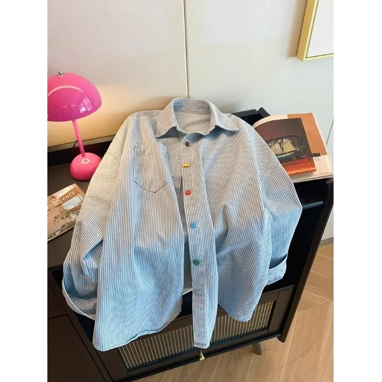 

Blue Striped Casual Shirt Women's Spring Autumn Loose Fit Long Sleeve Turn-down Collar Top Layering Outerwear Korean Style