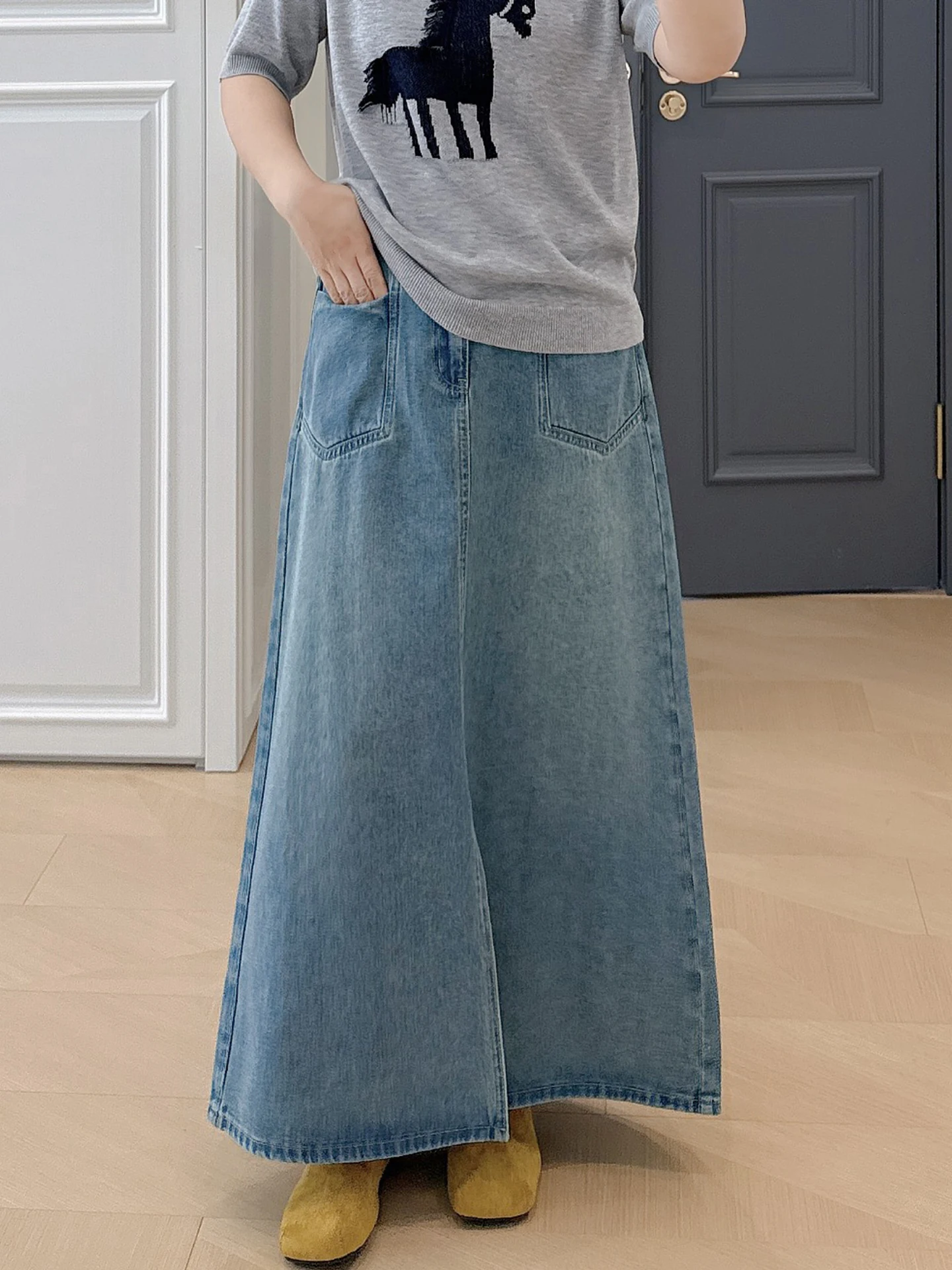 

Retro Blue High Waist plus Size Women's Denim Skirt A-Line Long Skirts for Heavy Girls Casual Spring Summer Cotton Blend