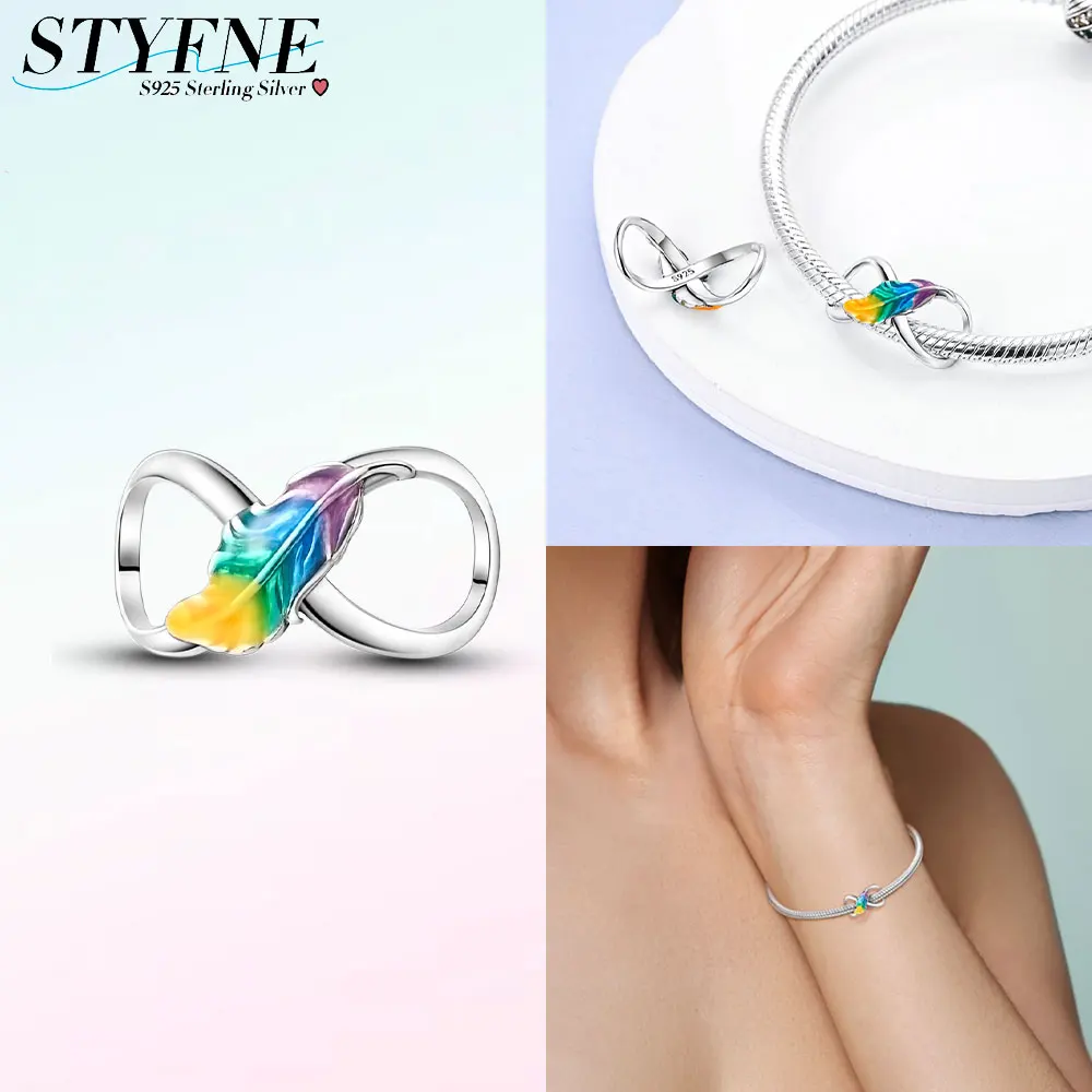 Original Charms 925 Silver Colorful Feather Infinity Symbol Beads Fit Charms Plata 925 Bracelets For Women Jewelry Making Gifts