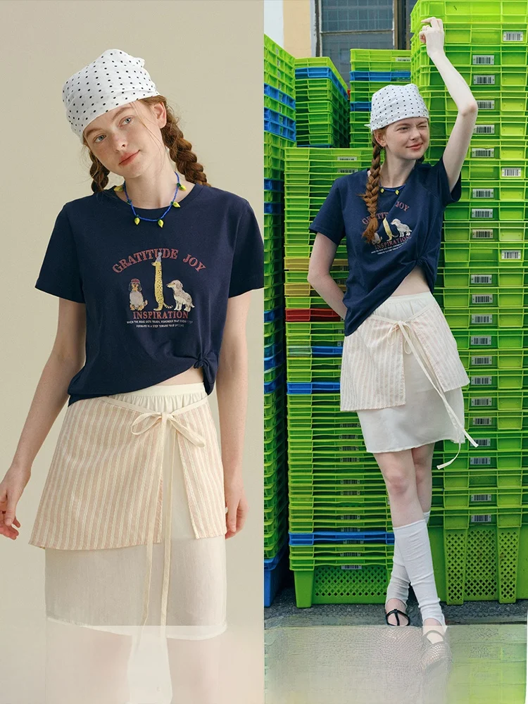 

Rina Berry Striped Belted Midi Skirt Summer Design Slimming Cross Cover Double Layered f Skirt Women's Faion Casual Wear