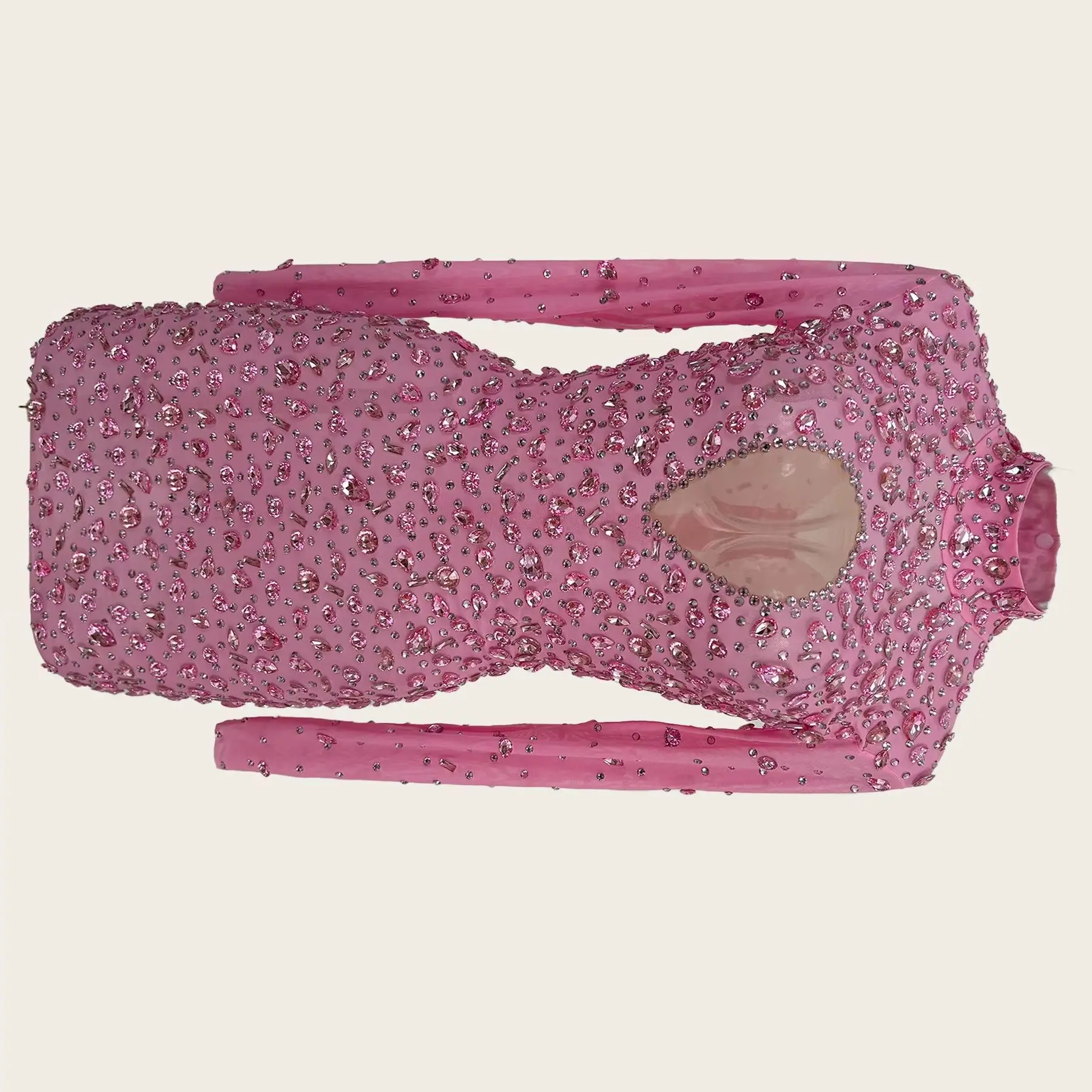 

Sexy Women Pink High Neck Mini Dresses See Through Mesh Long Sleeve Sparkly Rhinestone Luxury Party Prom Cocktail Dress Cuican