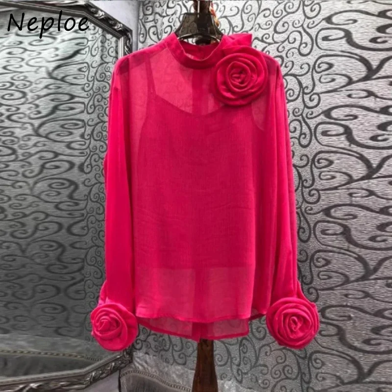 Neploe 2024 Spring Autumn French Style Western Design Blouses Three Dimensional Flower Chiffon Perspective Two Piece Shirt Set