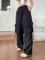Pantalon de jogging ample noir vintage taille haute pour femme, style streetwear décontracté et mode, avec poches surdimensionnées 5