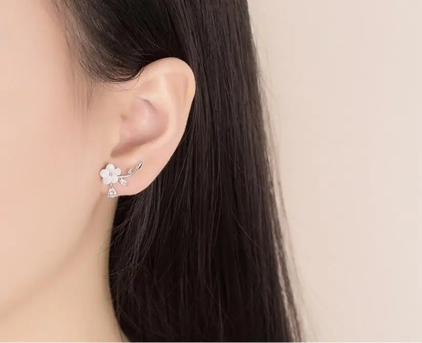 ENSHIR Silver Color Natural Shell Flowers Stud Earrings For Women Zircon Drop Tassel Earrings oorbellen S-E411
