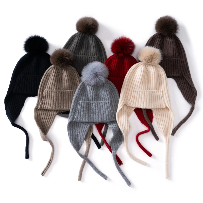 High-End 100% Cashmere Pom-Pom Hat Autumn Winter Women's Ear Protection Knitted Cute Warm Wool Hat Pullover Hat