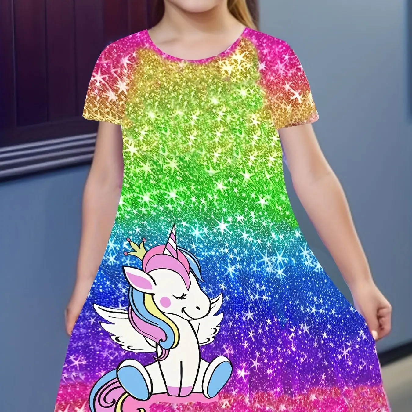 Girls Chic Color Block Unicorn Print Short Sleeve T-Shirt Dress Casual Dresses Summer Outwear