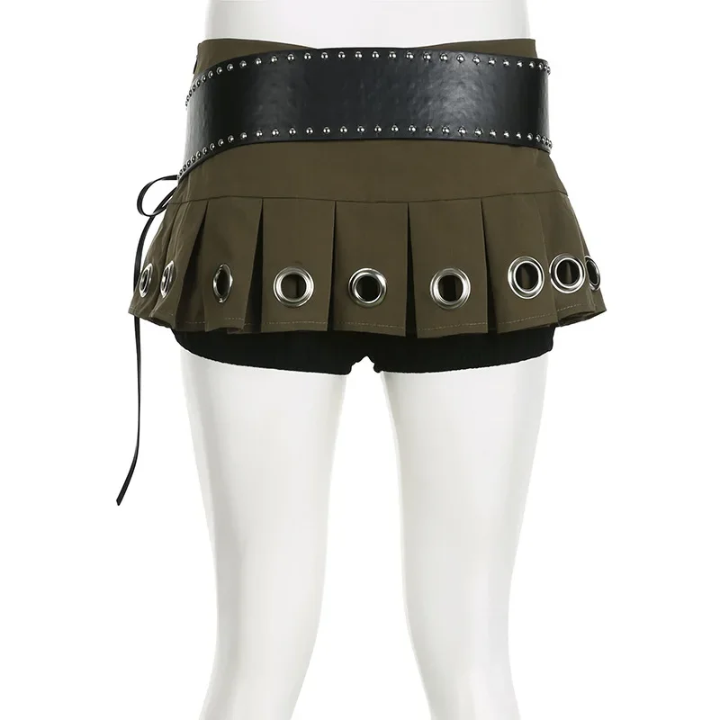 Jupe plissée trapèze mince avec ceinture en PU pour femmes, taille basse, style punk, super mini jupes à lacets, été, sexy, 2024