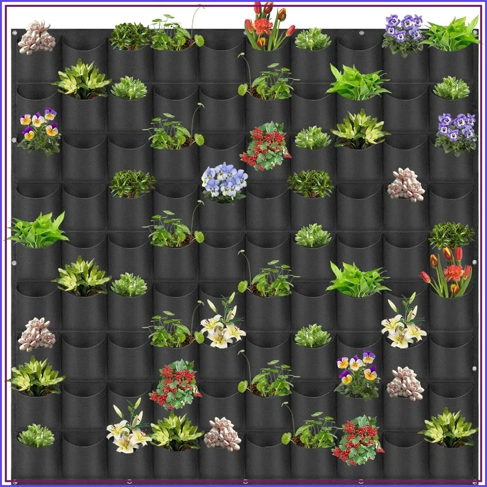 

90-Pocket Hanging Grow Bags for Vertical Garden, Felt Wall Planter, 1.1m x 1.1m, Black - Space-Saving Indoor/Outdoor Use
