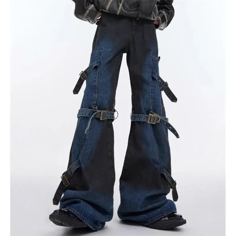 

Retro Belted Design Micro Flared Jeans Metal Bule Casual Long Pants Cool And Haome Straight Leg Jeans mid Waist Zipper Fly