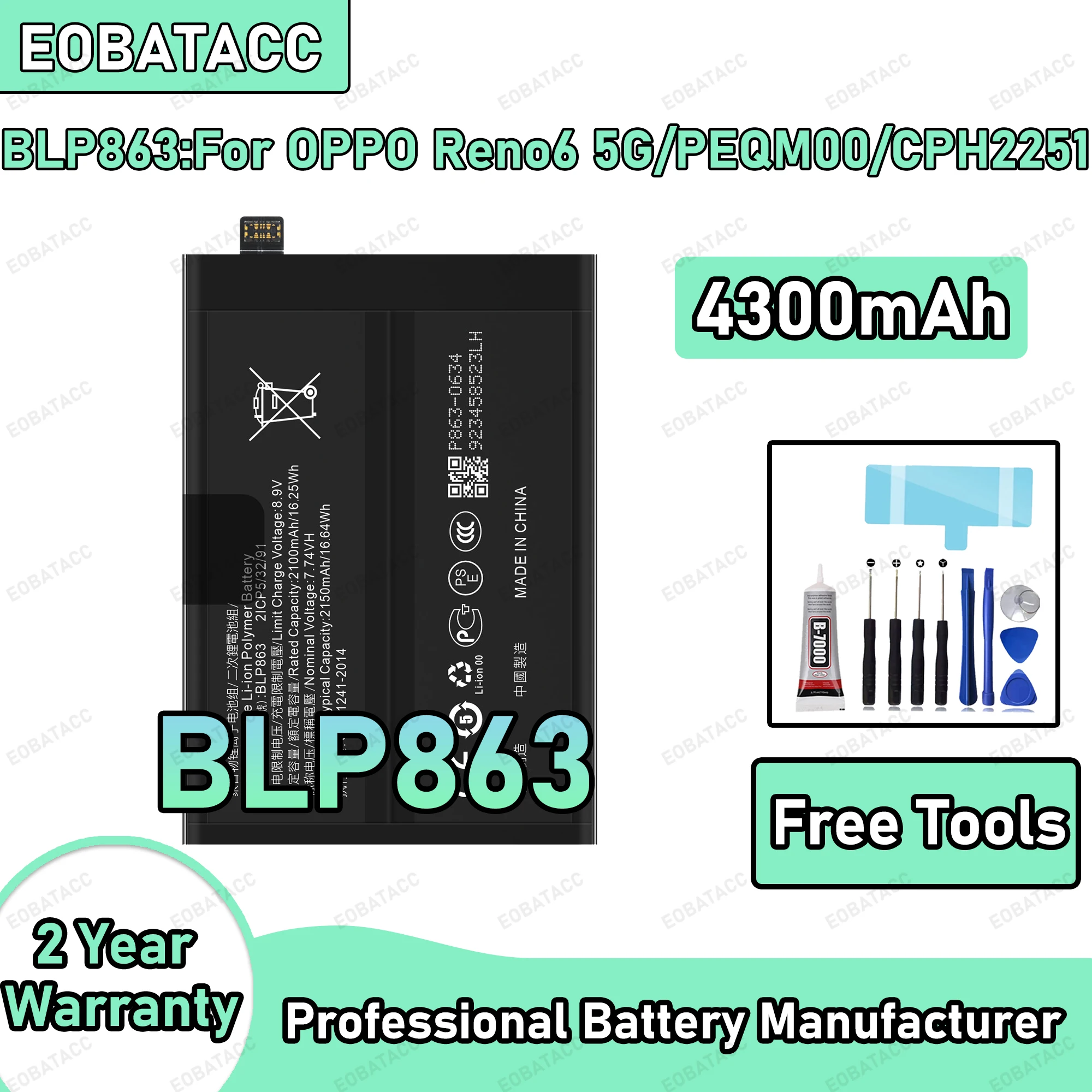 

4300mAh 100% New BLP863 Battery For OPPO Reno6 5G/PEQM00/CPH2251 Replacement Bateria+Free Tools