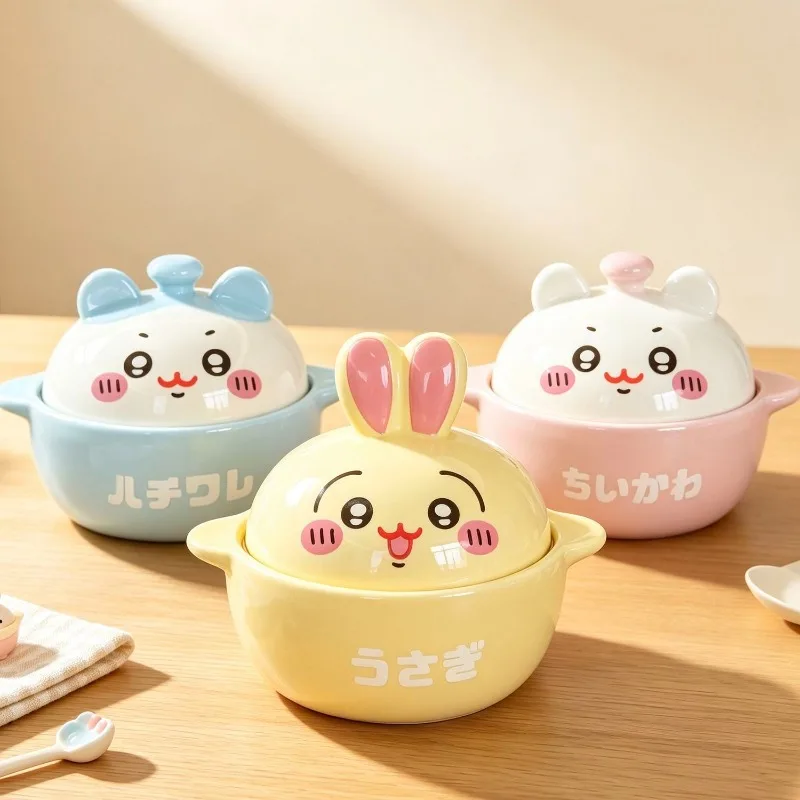 Chiikawa Cute Instant Noodle Bowl with Lid, Insulated Large Capacity Ramen Bowl, Press Noodle Lid Dorm Essential for Students