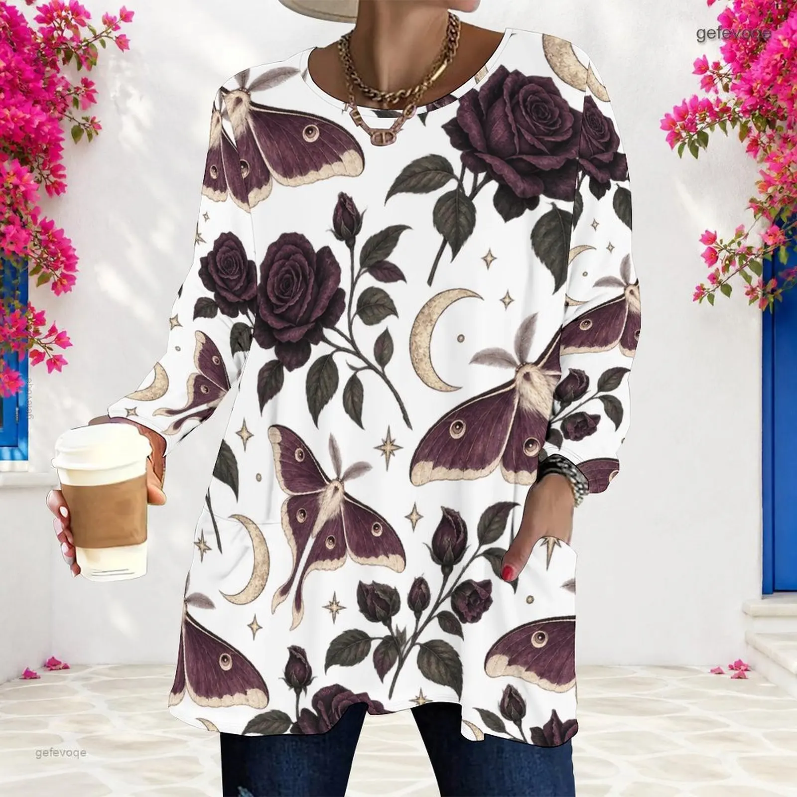 Women Printed Round Neck Long Sleeve Top, Dark Purple Rose Luna Moth Moon Star Pattern Loose Longline Tunic with Pockets