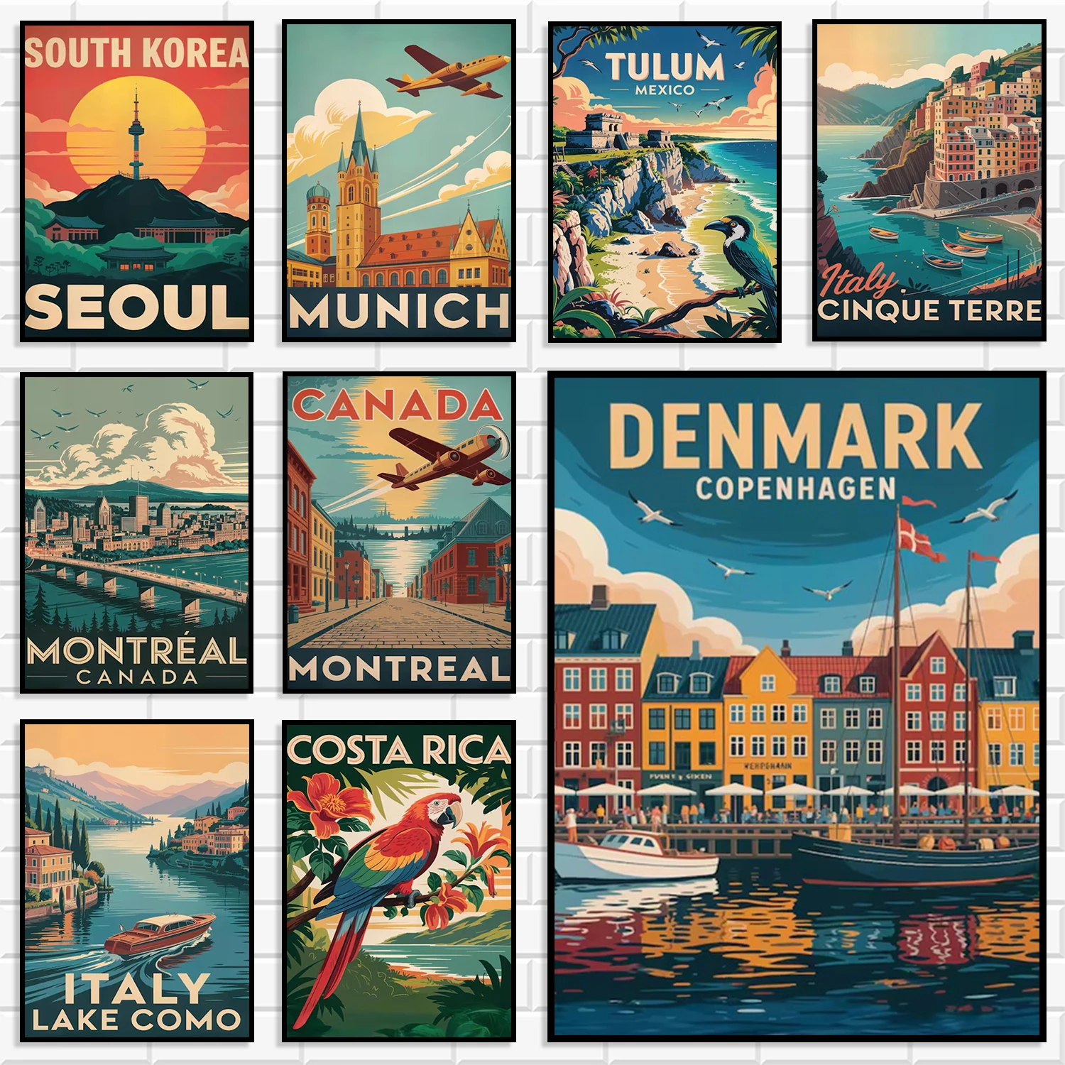 Vintage World Travel City Diamond Wall Art Set Retro Illustrated Global Country Landmark Poster Print for Bedroom Apartment Do