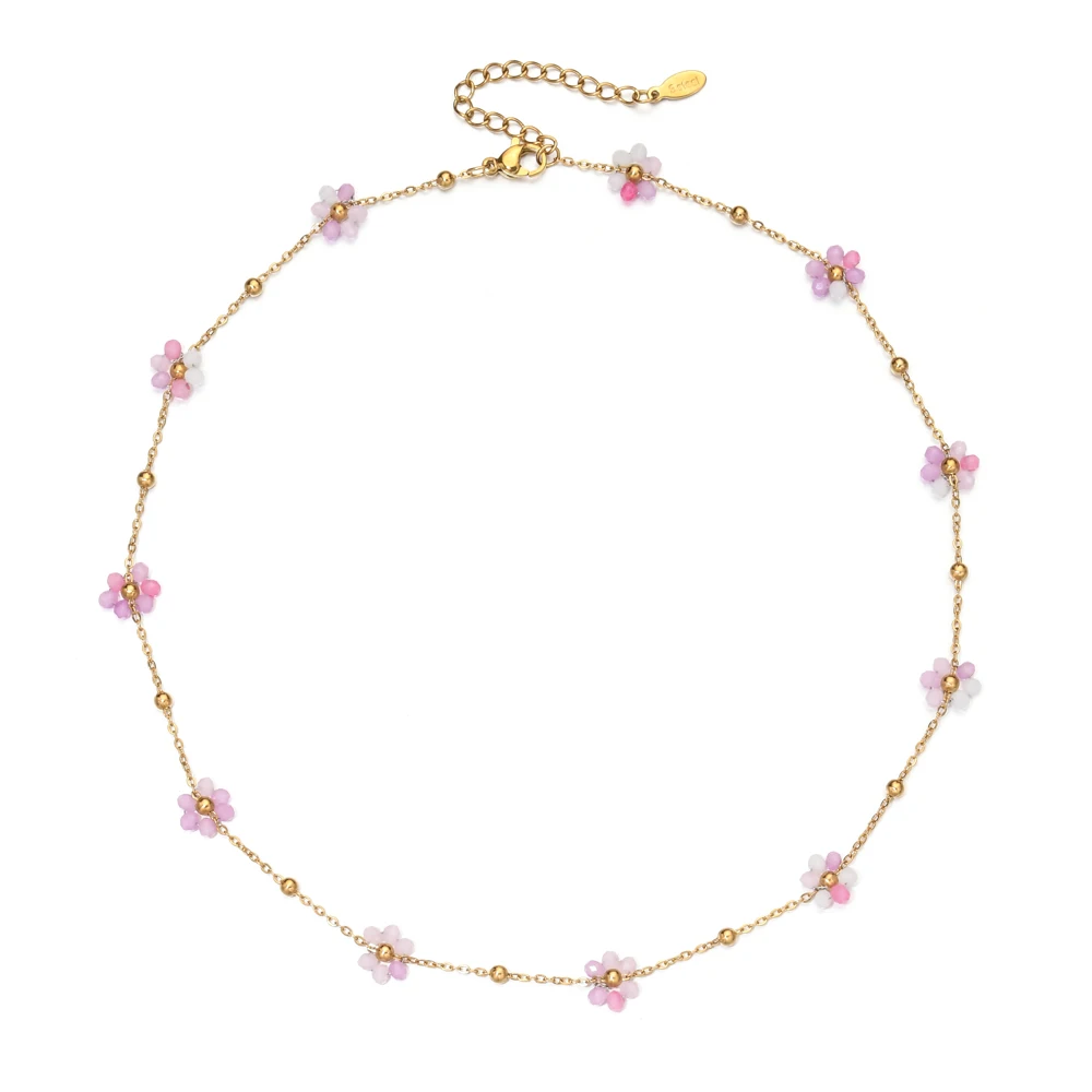 Handmade Glass Beads Cherry Blossom Charm Necklace For Women Simple Style Flower Clavicle Chain Party Jewelry Choker Gift