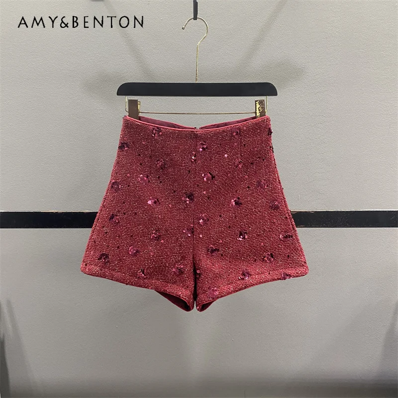 

Autumn Winter New Sequin Woolen Women's Pants Autumn Winter Elegant High Waist Slimming Outerwear A-line Wide-leg Shorts Ladies