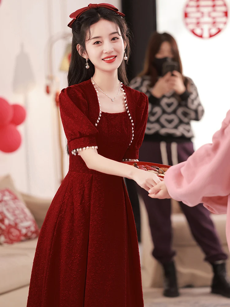 

Red Wedding Dr Square Collar Mid-Length Gown for Engagement Parties Bridal Wear Korean Sle ort Sve Bodycon Dr