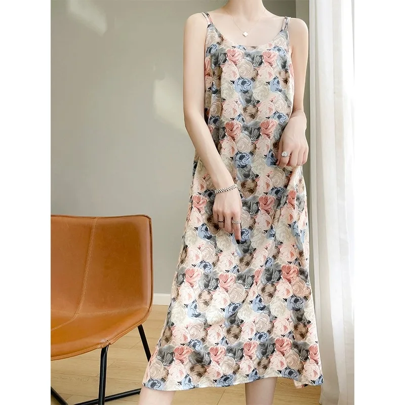   Maxi Dr da donna con stampa floreale in seta, abito estivo leggero con scollo a V e gonna a trapezio, vestibilità ampia