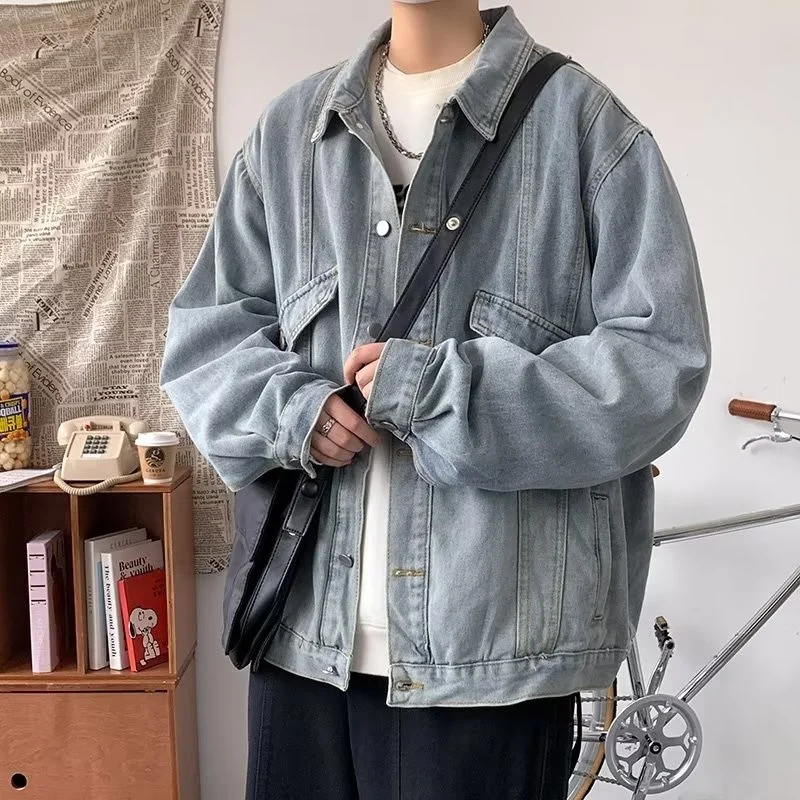

Мужская джинсовая куртка оверсайз в американском стиле для весны и осени, стильная, приталенного кроя, из хлопка, с длинными рукавами, на пуговицах
